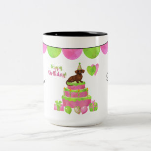 Mok roze en groene Dachshund Birthday