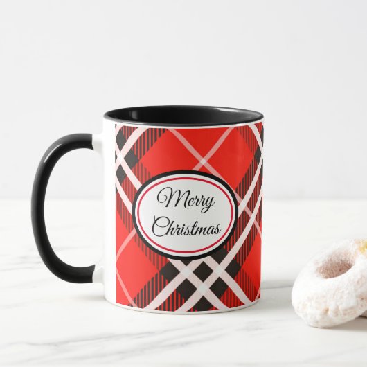Mok-Two Tone-Red/Black Plaid Vrolijk Kerstfeest Mok (Met donut)