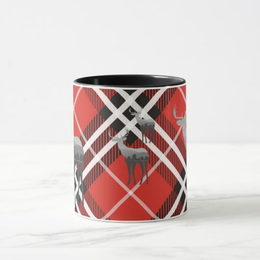 Mok-Two Tone-Red en zwart geruite met herten Mok (Midden)