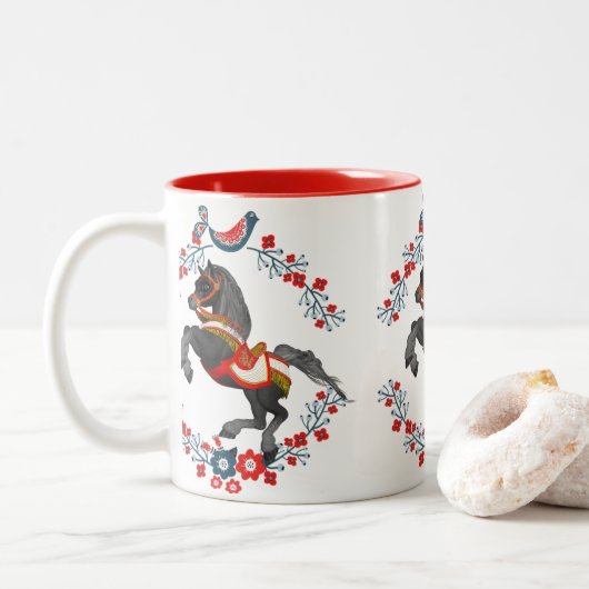 Mok van rode Floral-paarden (Met donut)