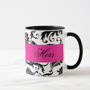 Mok zwart, wit, roze Damask "Hers"