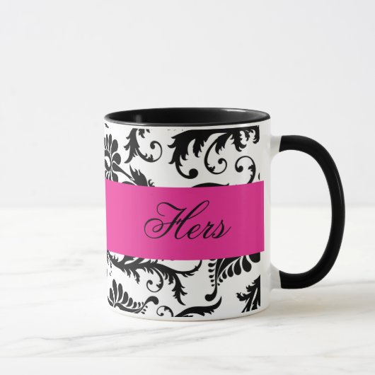 Mok zwart, wit, roze Damask "Hers" (Rechts)