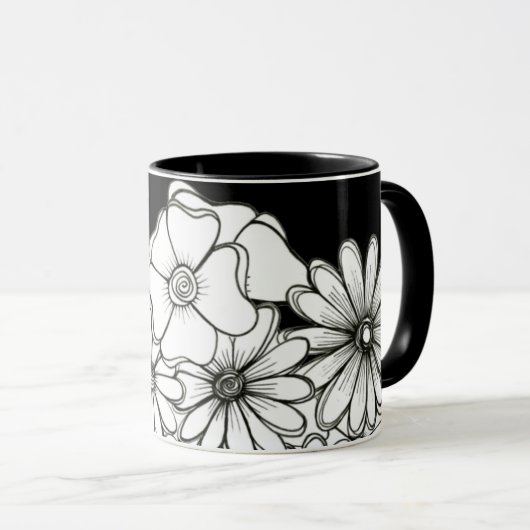 Mok zwarte en witte bloemen koffie (Voorkant rechts)