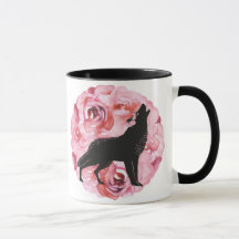 Mok zwarte wolf donkerroze rozen
