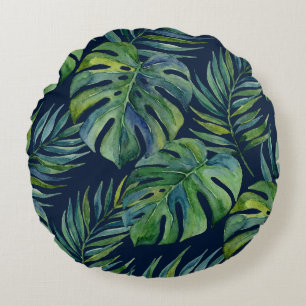 Moku Eiland Hawaiaanse Aquarel Monstera- Marinebla Rond Kussen