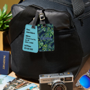 Moku Eiland Hawaiaanse Aquarel Monstera - Navy Bagagelabel