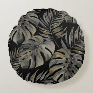 Moku-eiland Hawaiaanse waterverf Monstera- Zwart Rond Kussen