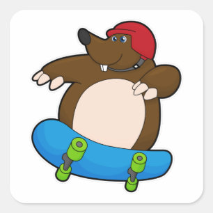 Mole als Skater met skateboard en helm Vierkante Sticker