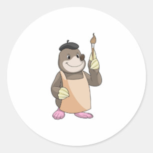 Mole as Painter with Paint brush Ronde Sticker