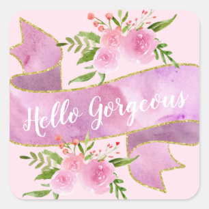 Mollig Mooie Bloemige Roze Hallo Prachtig Goud Vierkante Sticker
