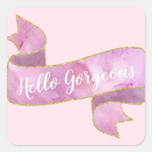 Mollig Mooie Roze Hallo Prachtig Gouden Lint Vierkante Sticker