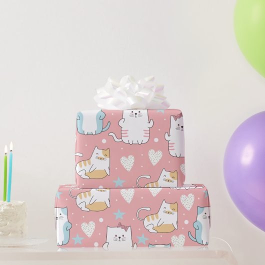 mollige katten in pastelblauw, wit en roze cadeaupapier (Feestgeschenken)