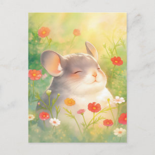 Mollige Lachende Chinchilla in Rode Bloementuin Briefkaart