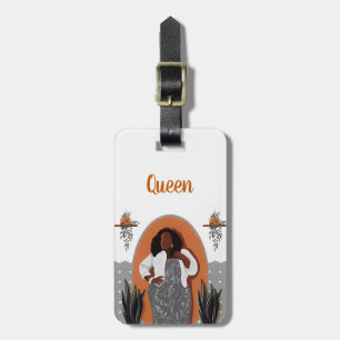 Mollige, Zwarte Vrouw, Kamerplanten, Oranje & Grij Bagagelabel