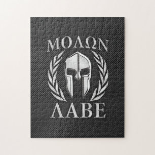 Molon Labe Chrome Spartan Helmet over koolstofveze Legpuzzel