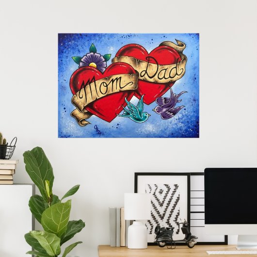 “Mom and Dad” Hearts with Ribbon Art Poster Print (Bureau à domicile)
