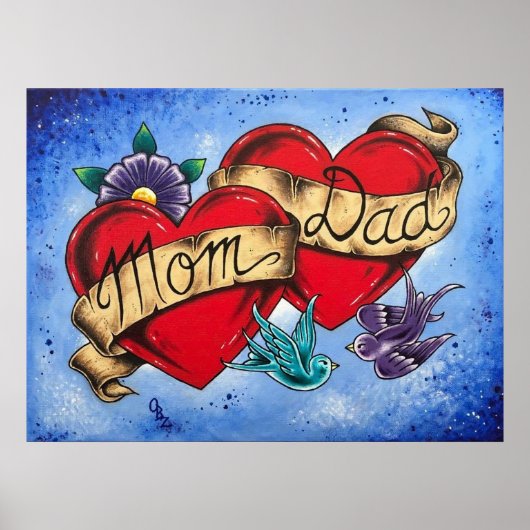 “Mom and Dad” Hearts with Ribbon Art Poster Print (Devant)