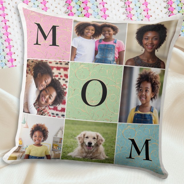 Mom Custom Elegant Fotocollage 6 Afbeeldingen Kussen (An elegant throw pillow for Mother's Day, featuring six custom photos and 'Mom' in capital letters)
