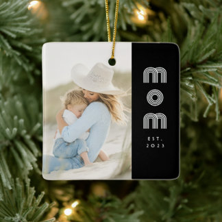 Mom Established Black White Retro Script Photo  Keramisch Ornament