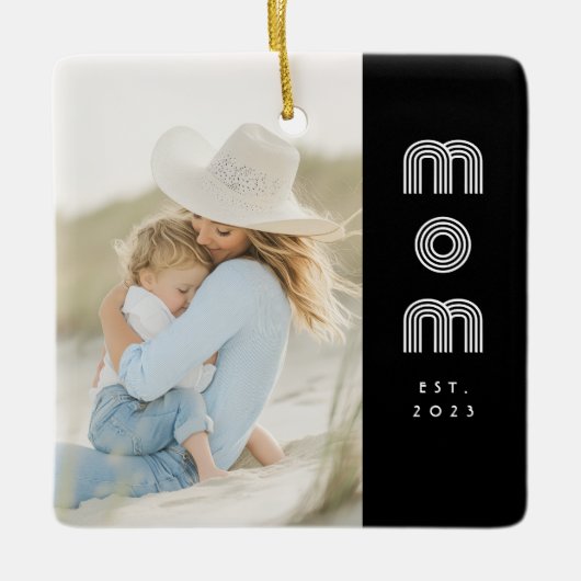 Mom Established Black White Retro Script Photo Keramisch Ornament (Voorkant)