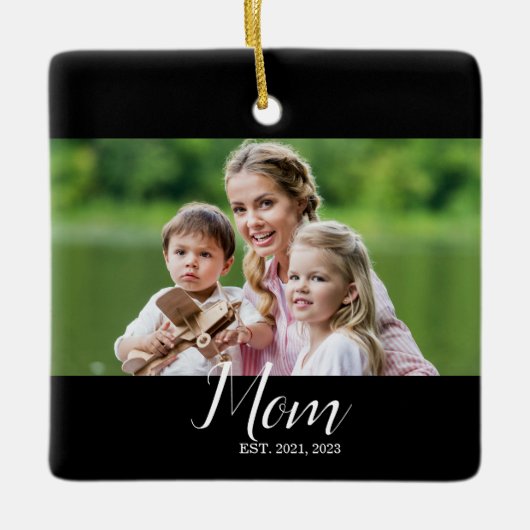 Mom Established Black White Script Photo Keramisch Ornament (Voorkant)