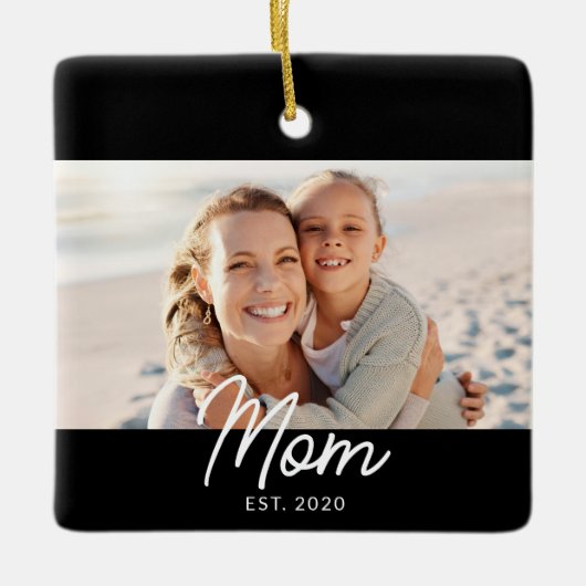 Mom Established Black White Script Photo Keramisch Ornament (Voorkant)