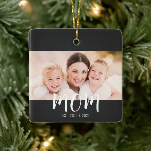 Mom Established Black White Script Photo Keramisch Ornament (Boom)