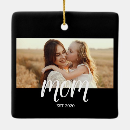 Mom Established Black White Script Photo Keramisch Ornament (Achterkant)