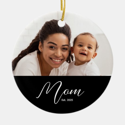 Mom Established Black White Script Photo Keramisch Ornament (Voorkant)