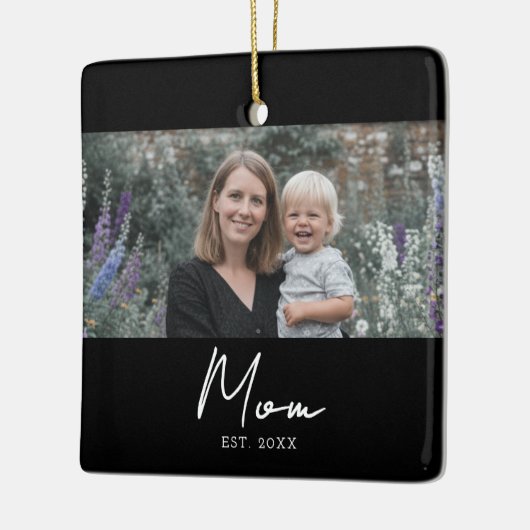 Mom Established Black White Script Photo Keramisch Ornament (Links)