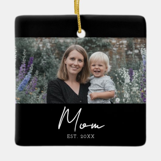 Mom Established Black White Script Photo Keramisch Ornament (Voorkant)