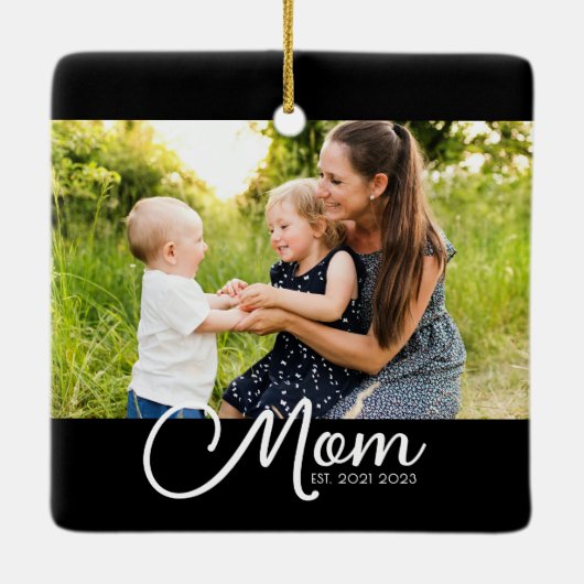 Mom Established Black White Script Photo  Keramisch Ornament (Achterkant)