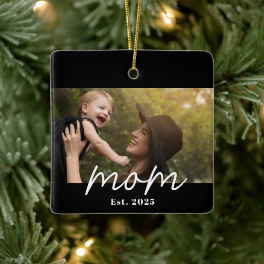 Mom Established Black White Script Photo Keramisch Ornament (Boom)