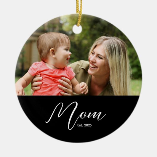 Mom Established Black White Script Photo Keramisch Ornament (Voorkant)