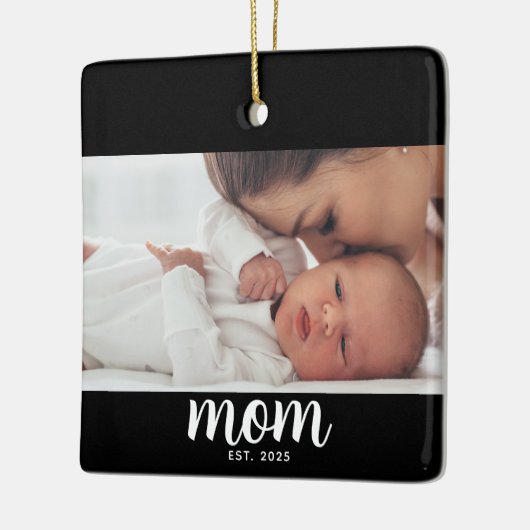 Mom Established Black White Script Photo Keramisch Ornament (Links)