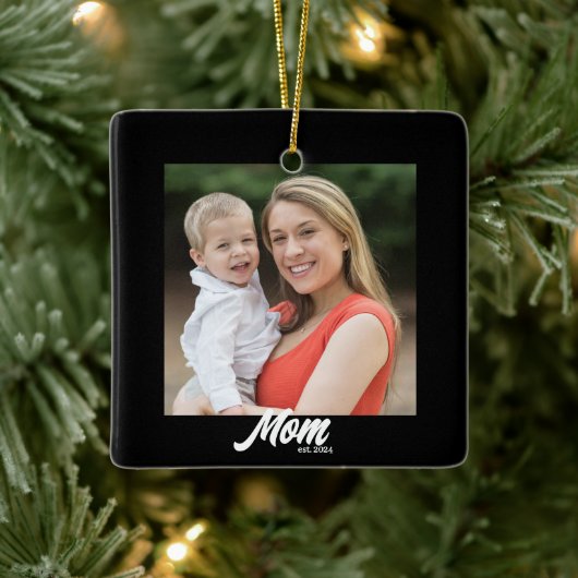 Mom Established Black White Script Photo Keramisch Ornament (Boom)