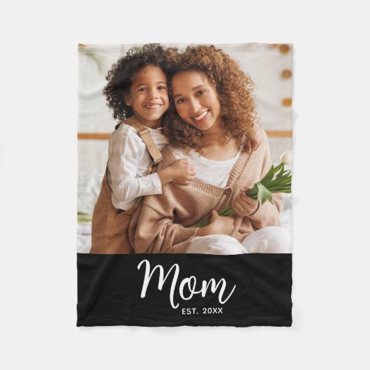 Mom Established Date White Script on Black Photo Fleece Deken (Voorkant)