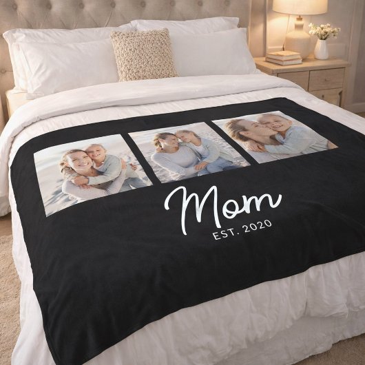 Mom Established Elegant Script Black 3 Photo Fleece Deken