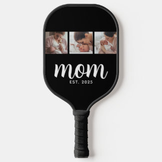 Mom Established Modern Bold Script Black 3 Photo Pickleball Paddle