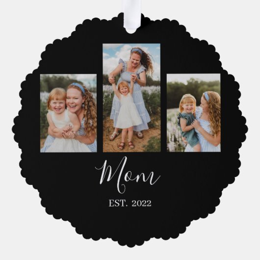 Mom Established Modern Script Black 3 Photo Ornament Kaart (Achterkant)