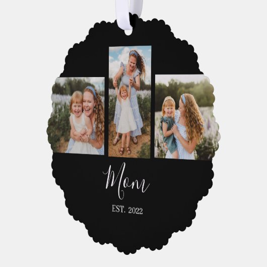 Mom Established Modern Script Black 3 Photo Ornament Kaart (Links)