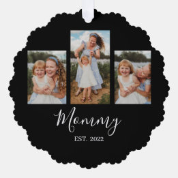 Mom Established Modern Script Black 3 Photo Ornament Kaart