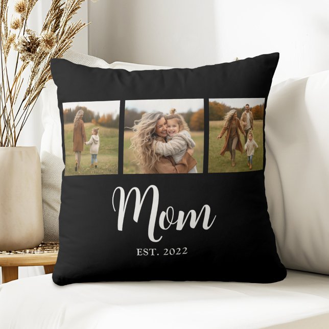 Mom Established Modern Simple Script Black 3 Photo Kussen (Established Mom 3 photo white script text cushion)