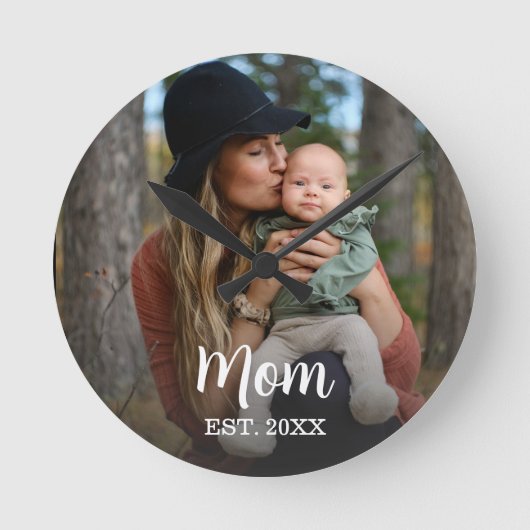 Mom Established Modern Typography Photo Wall Clock Ronde Klok (Voorkant)