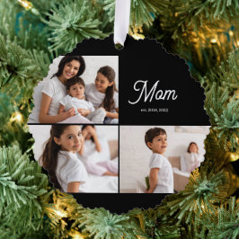 Mom Established Script Black 3 Photo Ornament Kaart