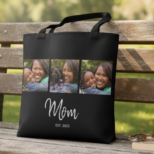 Mom Established Script Black 3 Photo Tote Bag