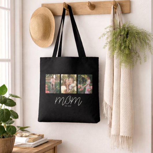 Mom Established Script Black 3 Photo Tote Bag