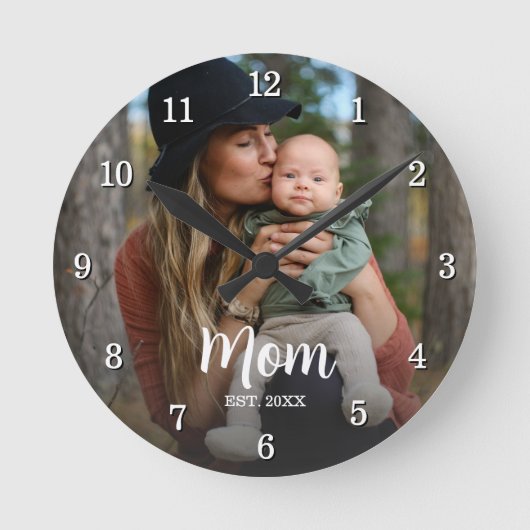 Mom Established Script Typography Photo Year Est Ronde Klok (Voorkant)