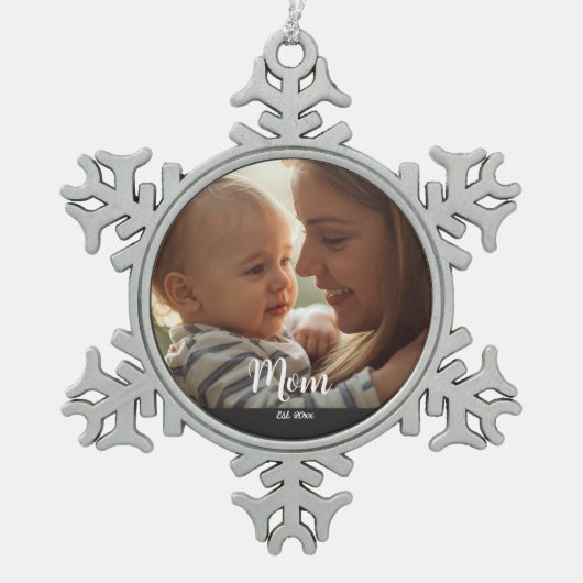 Mom Established Year Script Photo Tin Sneeuwvlok Ornament (Voorkant)