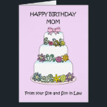 Mom Happy Birthday from Son and Son in Law<br><div class="desc">An illustration of a pretty multi tiered,  pastel colored cake set against a pale mauve colored background. The words 'Happy Birthday Mom from your Son and Son in Law' accompany the image.</div>